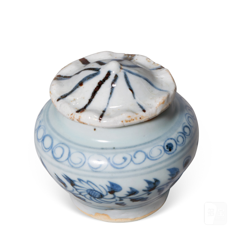 元代 青花缠枝花卉纹荷叶盖小罐 - 图2